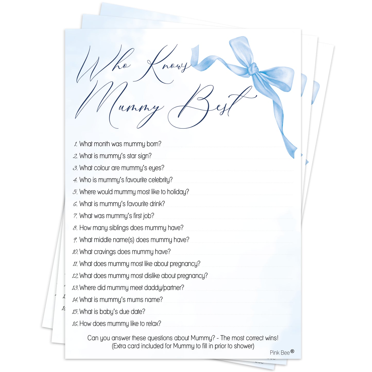 Baby Shower Game Who Knows Mummy Best in Blue Bow Theme