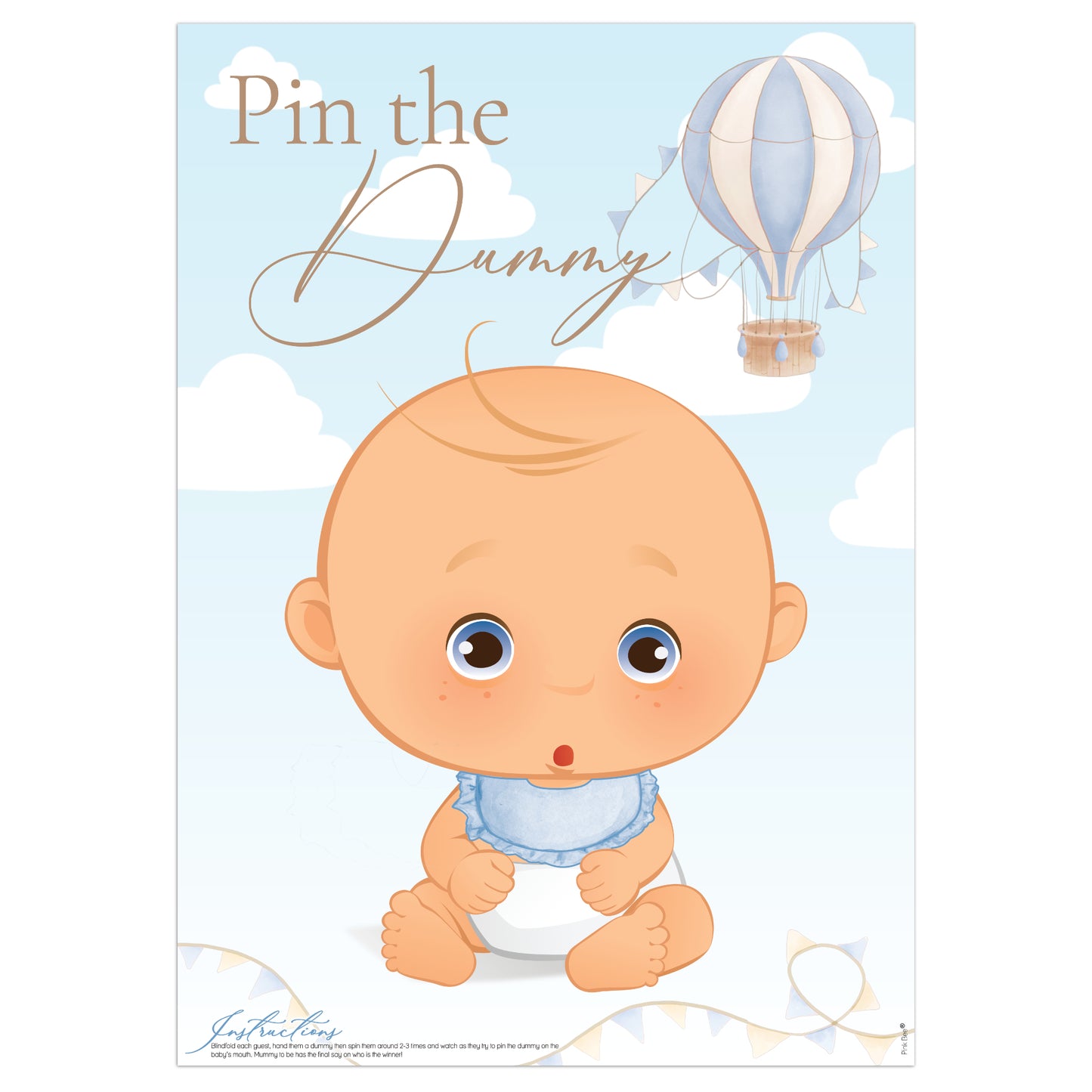 Baby Shower Game Pin the Dummy in our Blue Up, Up and Away theme for Baby Boys