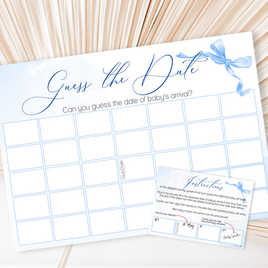 Ribbon Bow Baby Guess the Date Baby Shower Activity in Blue