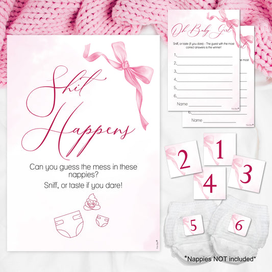 Baby Shower Game - Shit Happens! in Pretty Pink Bow Theme