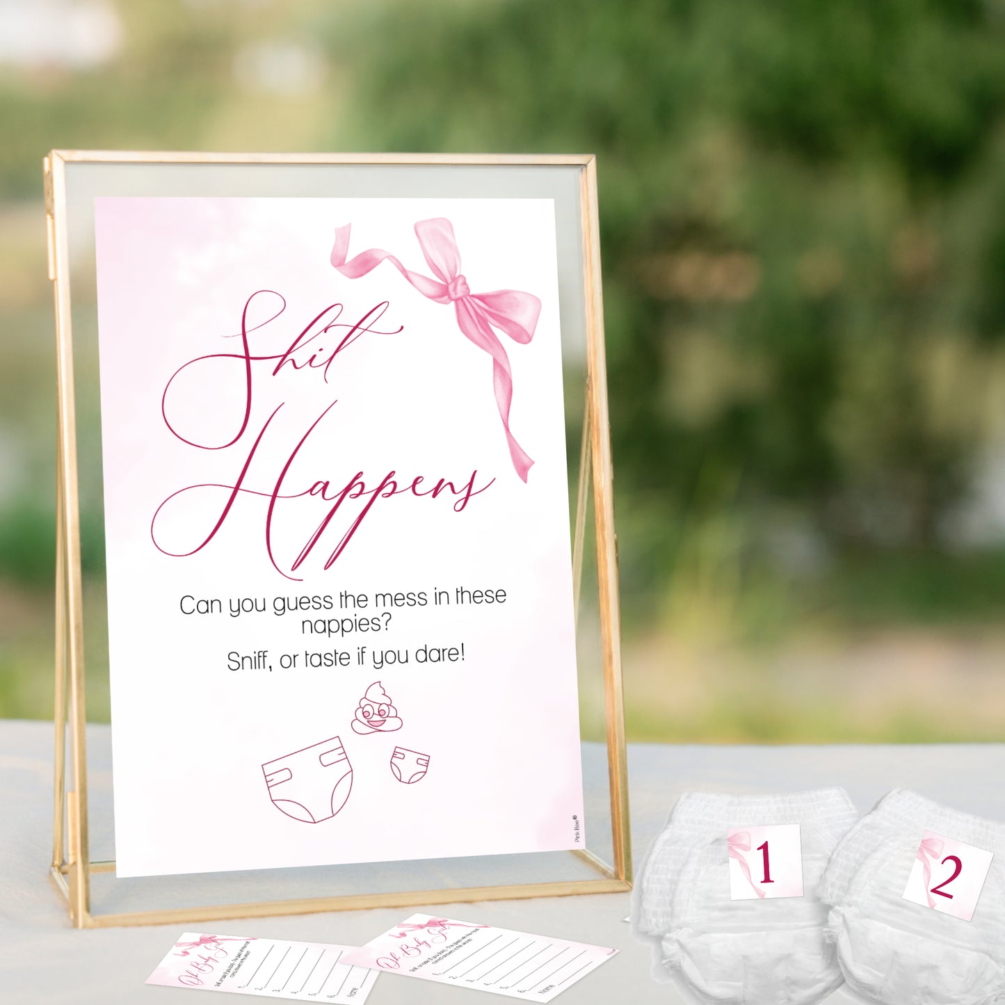 Baby Shower Game - Shit Happens! in Pretty Pink Bow Theme
