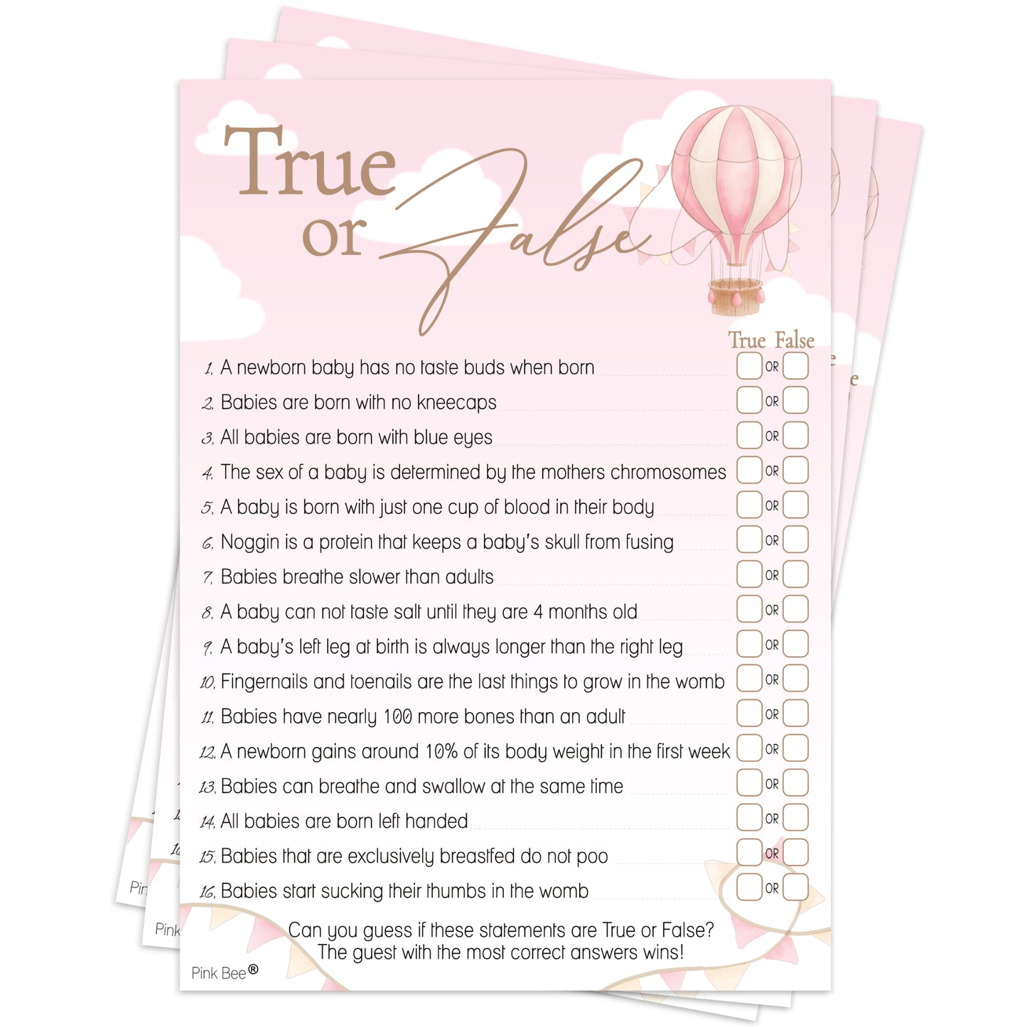 Baby Shower Game True or False in Up, Up and Away Pink Theme