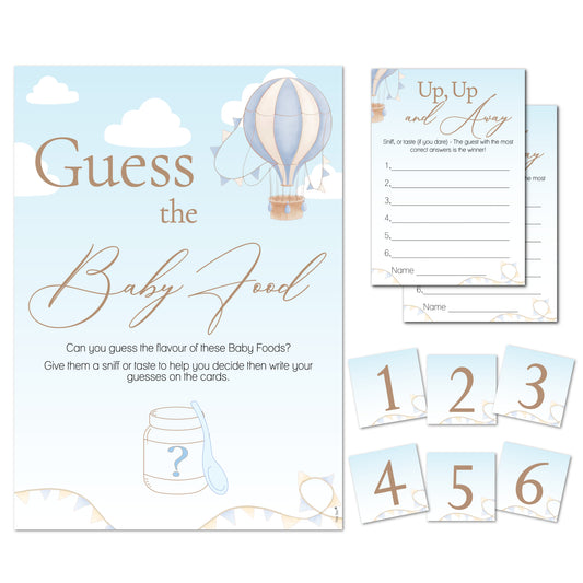 Hot Air Balloon theme; Up, Up and Away Baby Shower Game Guess the Baby Food Game in Blue