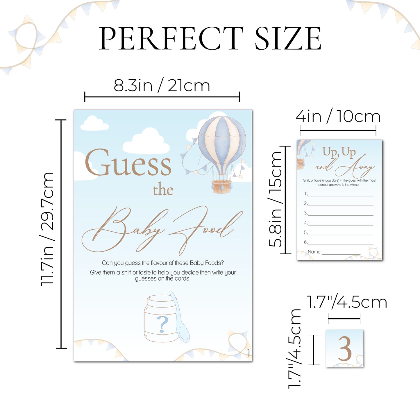 Hot Air Balloon theme; Up, Up and Away Baby Shower Game Guess the Baby Food Game in Blue
