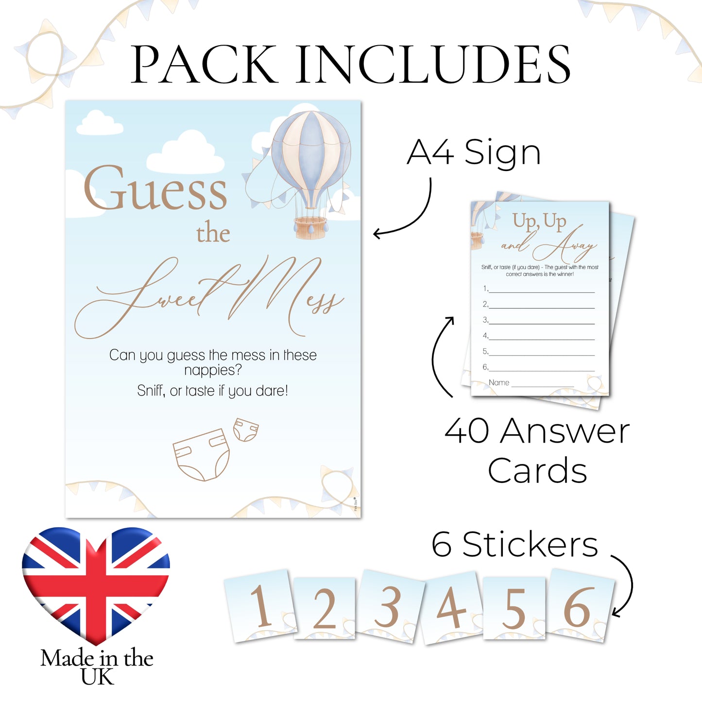 Hot Air Balloon Theme Up Up and Away Baby Shower Game Guess the Sweet Mess Game in Blue