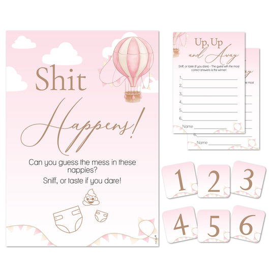Hot Air Balloon Theme; Up Up and Away Baby Shower Game - Shit Happens! In Pink
