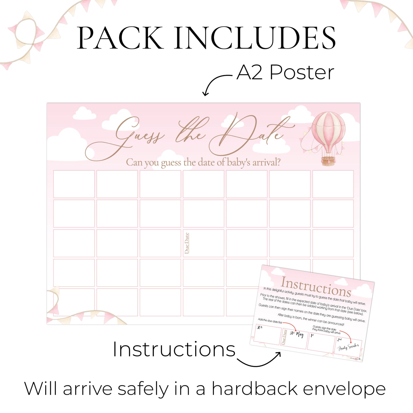 Up, Up and Away Guess the Date Baby Shower Activity in Pink