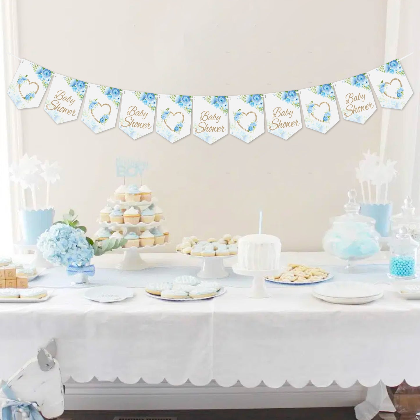 Blue Floral Theme Baby Shower Flag Banner