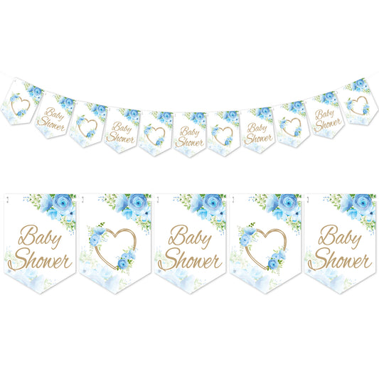 Blue Floral Theme Baby Shower Flag Banner