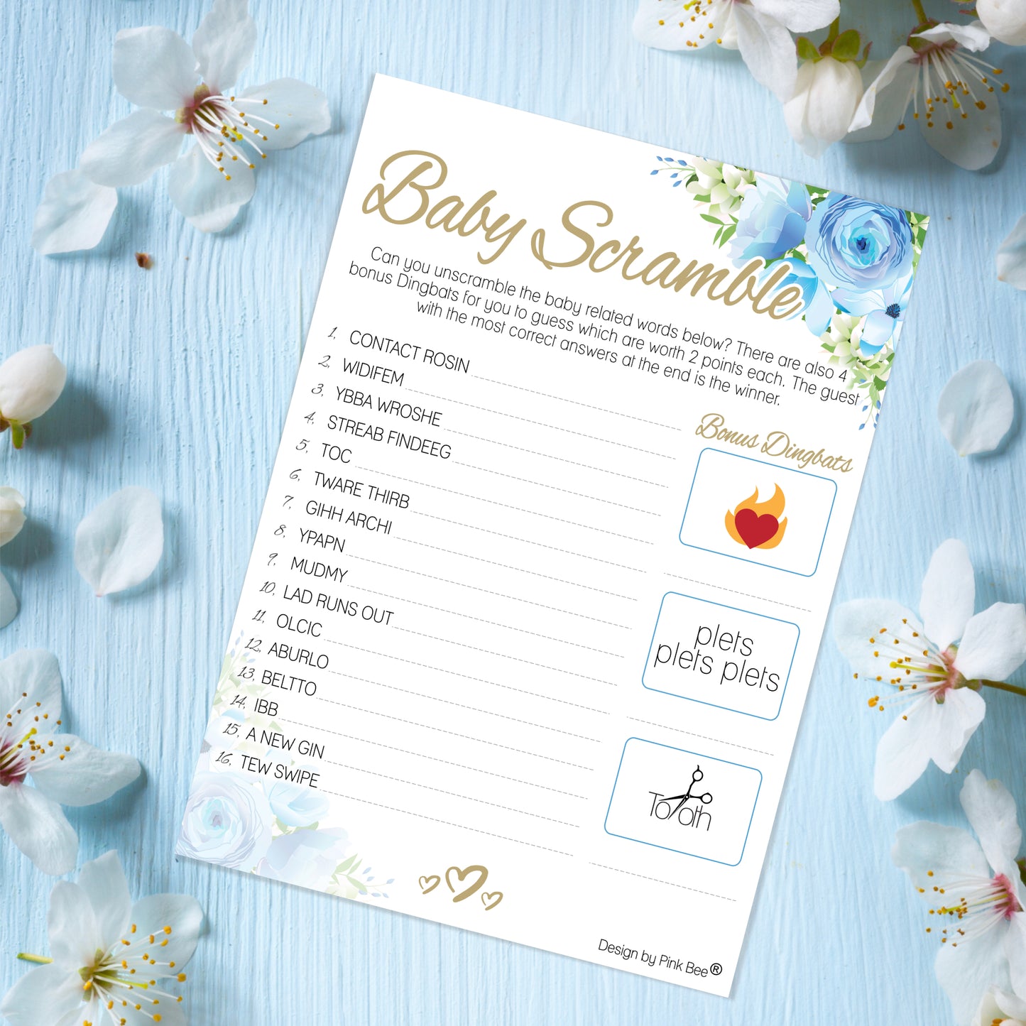 Blue Floral Baby Shower Scramble Game