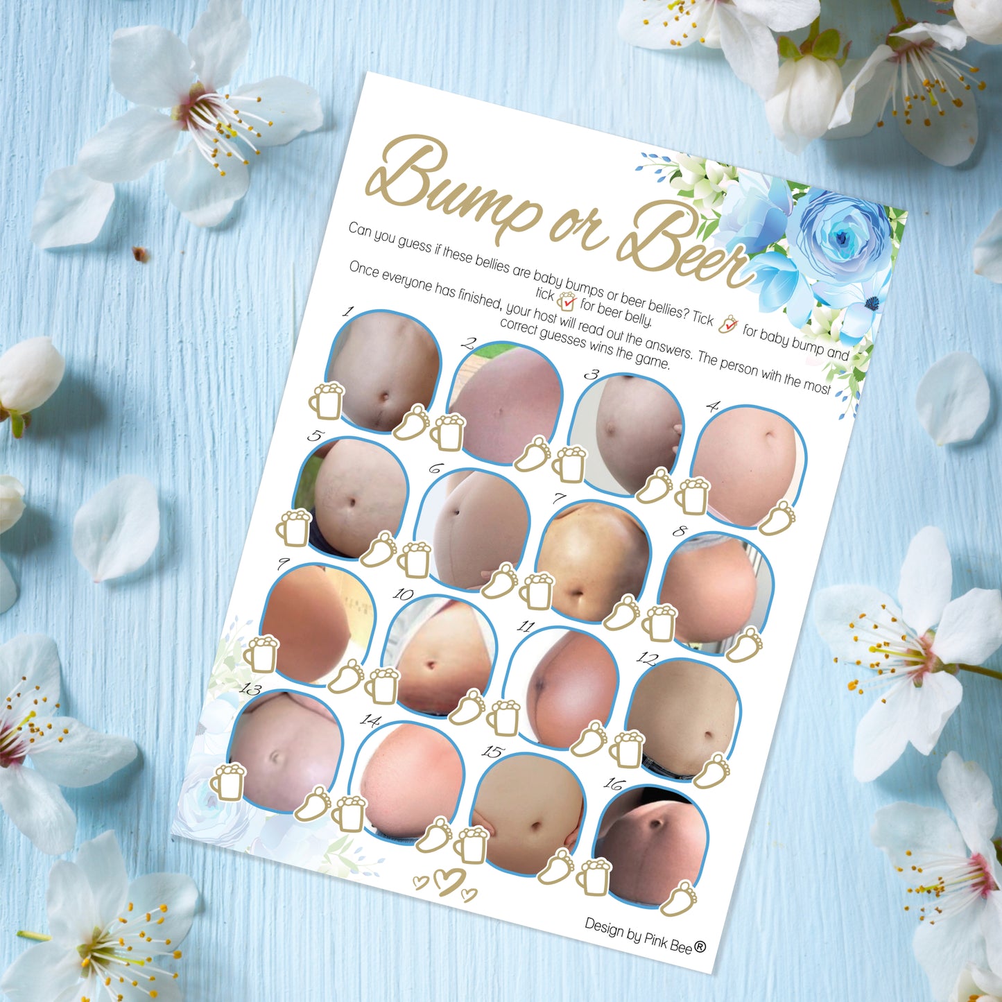 Blue Floral Baby Shower Bump or Beer Party Game
