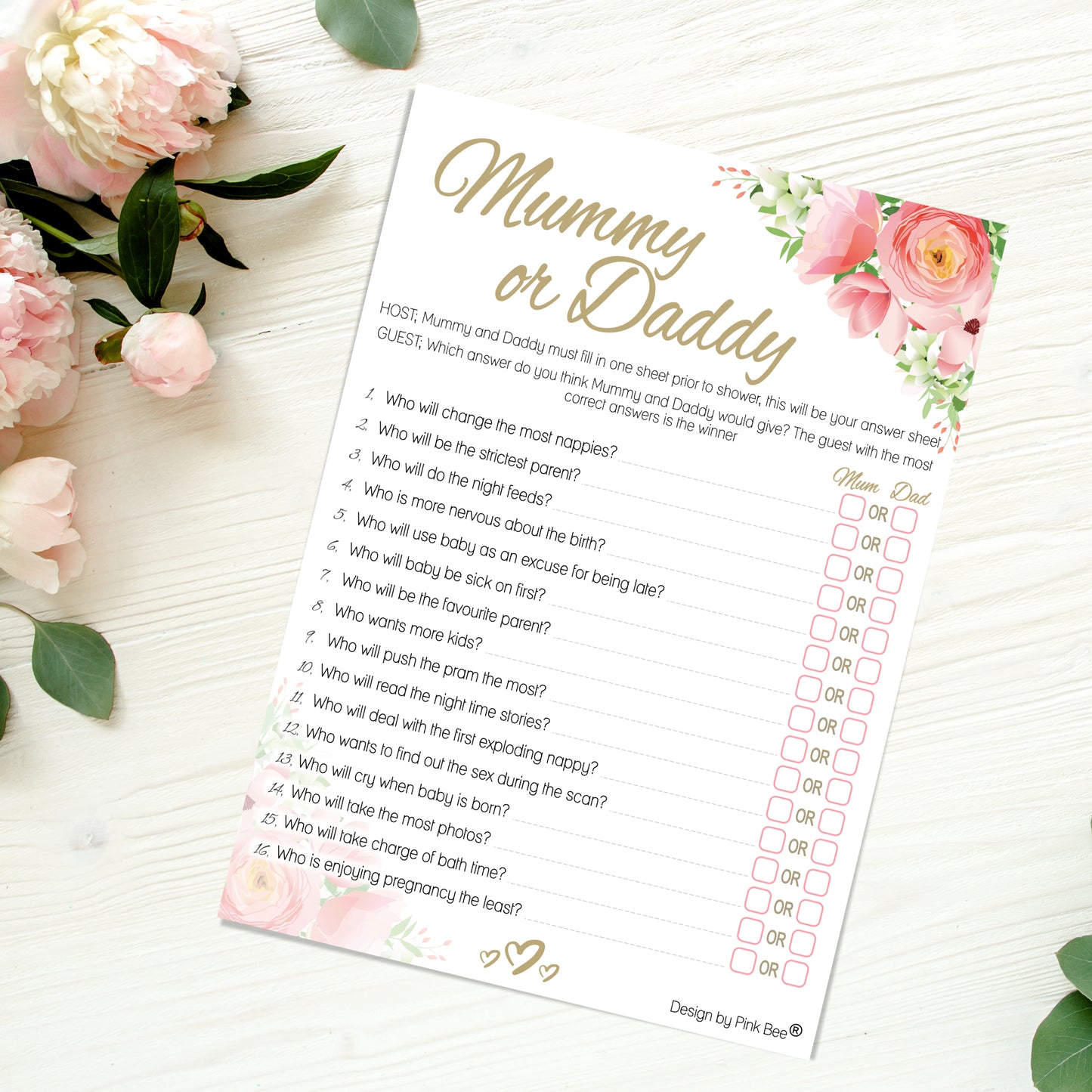 Pink Floral Mummy or Daddy Party Game