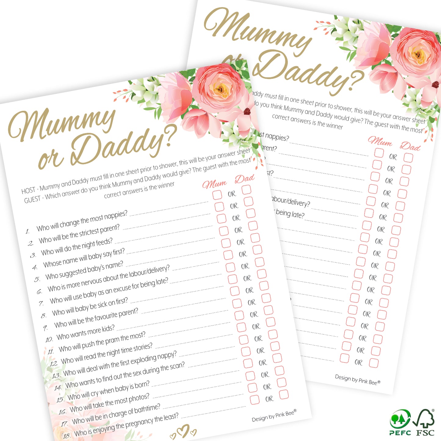 Pink Floral Mummy or Daddy Party Game