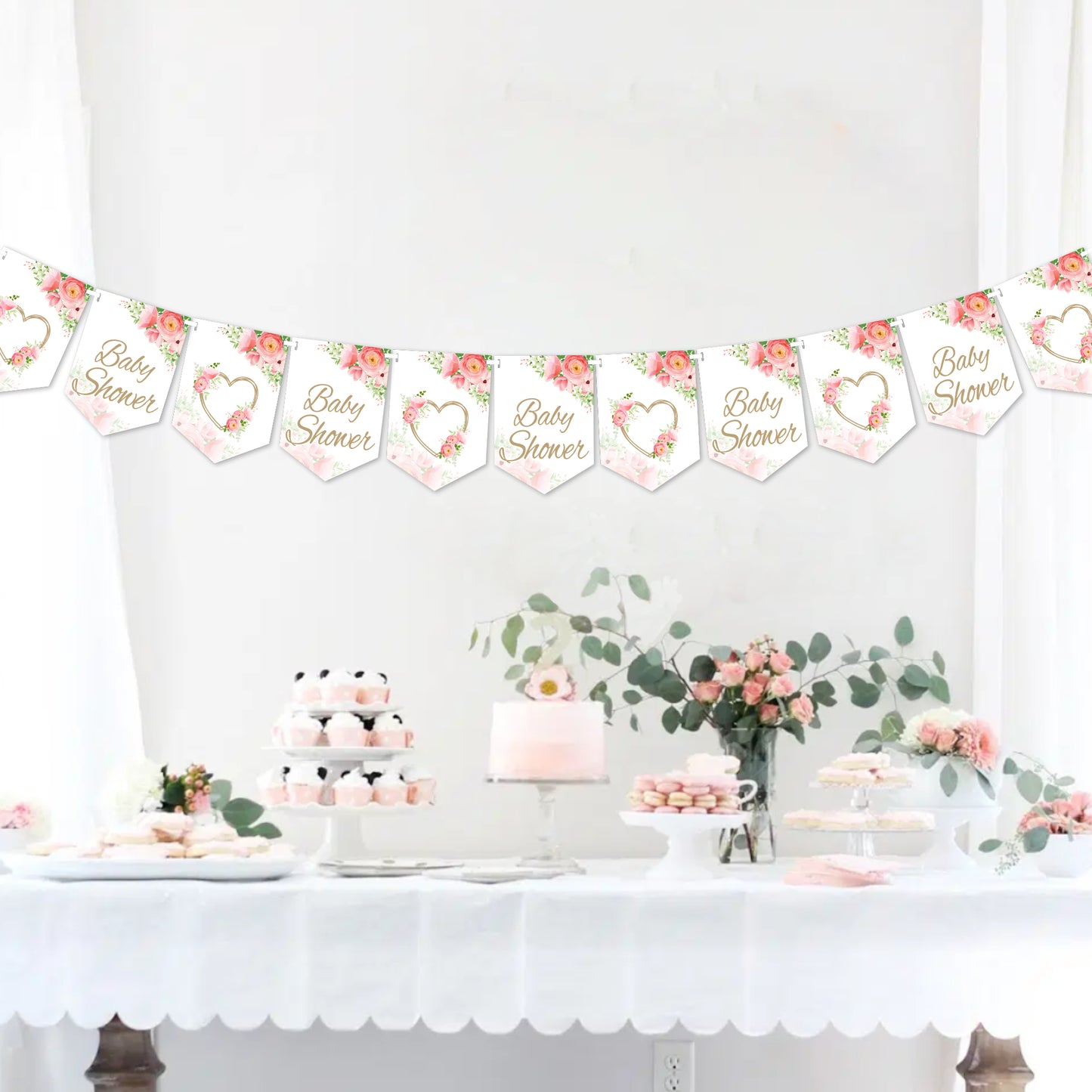 Pink Floral Theme Baby Shower Flag Banner