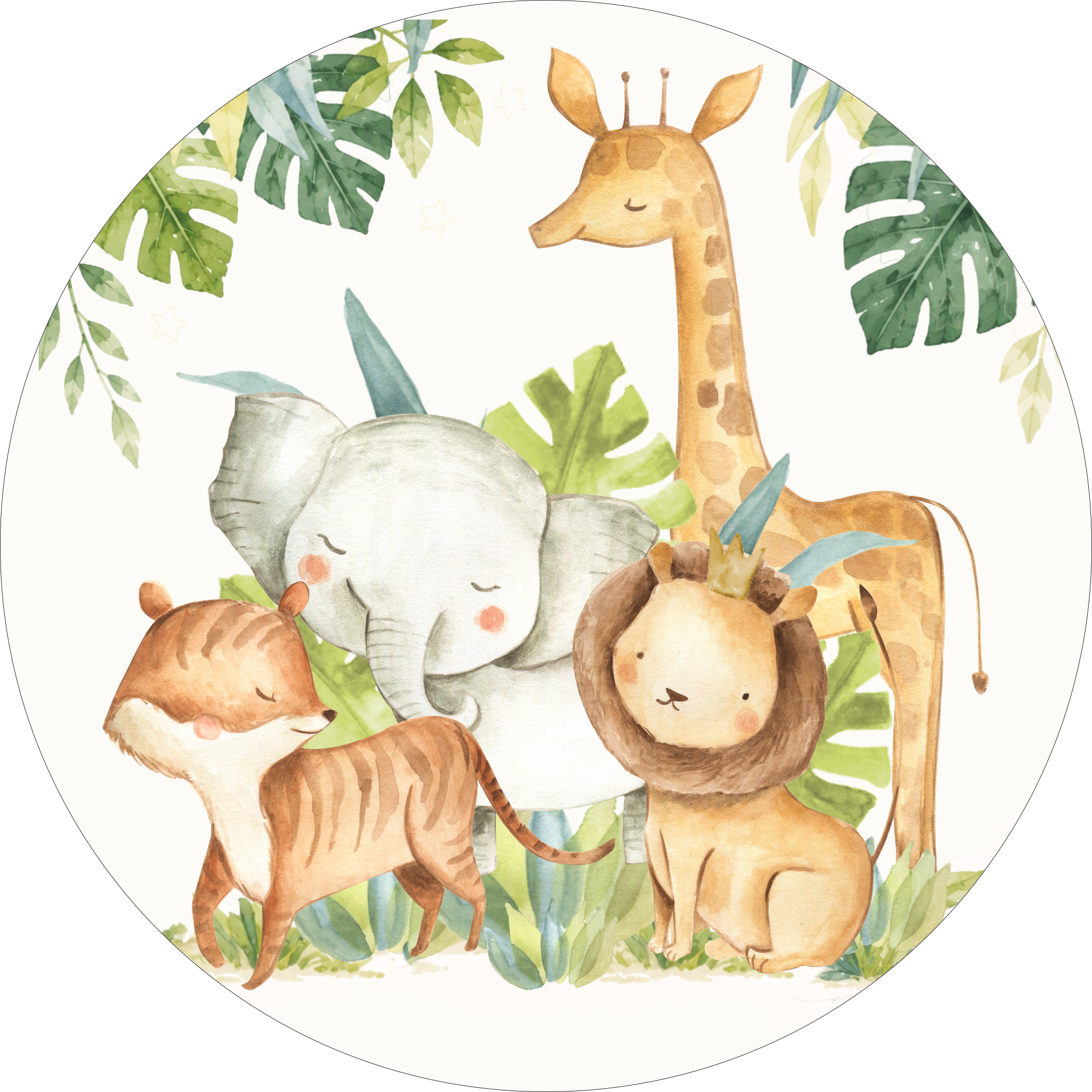 Safari baby shower theme collection icon featuring watercolor jungle animals including a giraffe, elephant, lion and tiger.