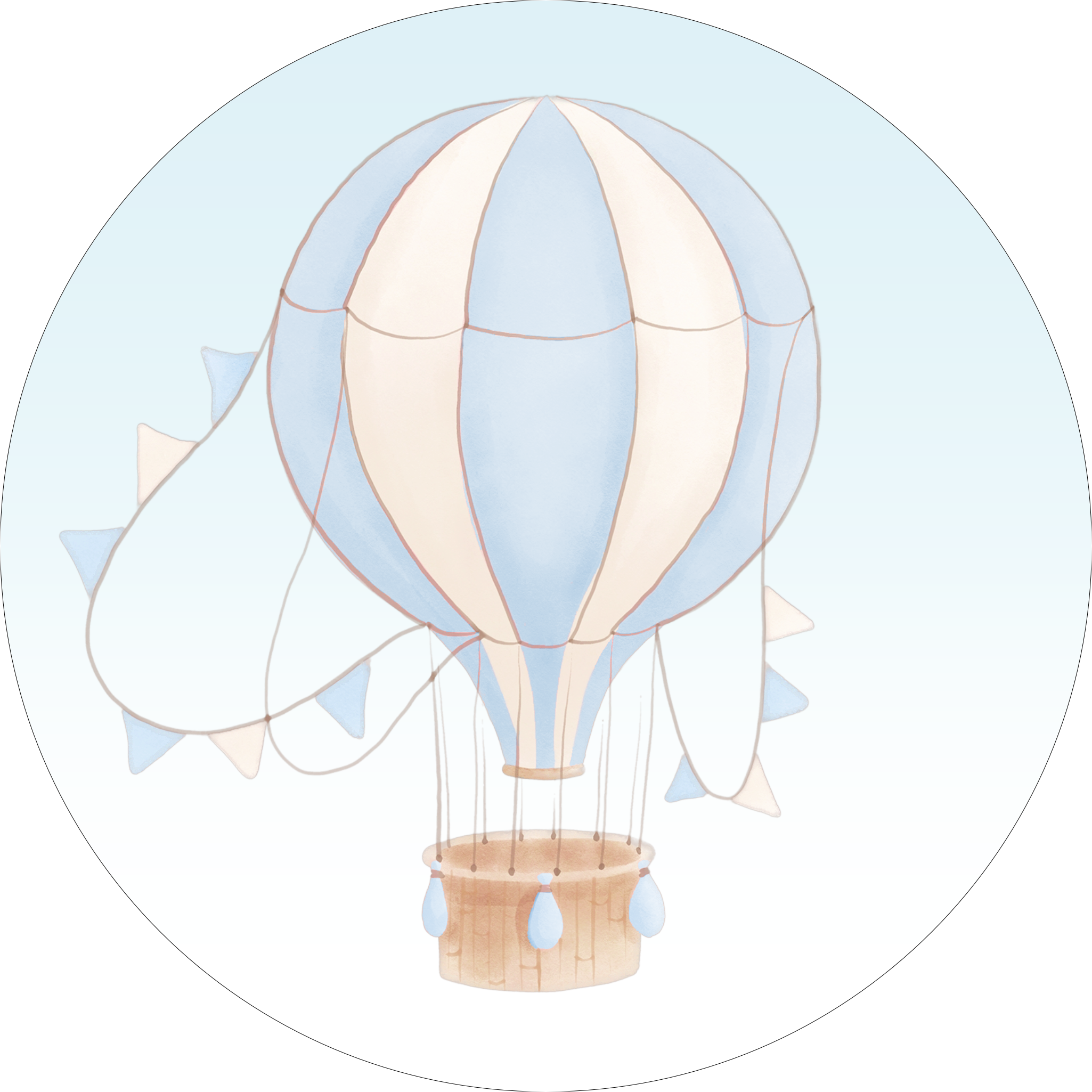 Blue hot air balloon baby shower theme collection icon featuring a watercolour blue balloon with bunting.