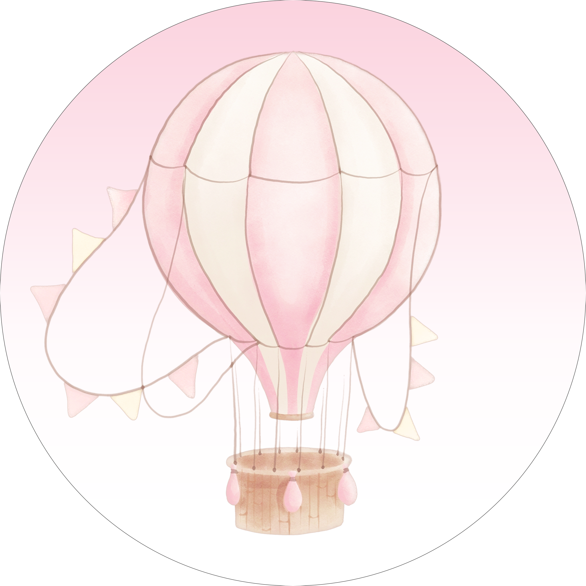 Pink hot air balloon baby shower theme collection icon featuring a watercolour pink balloon with bunting.