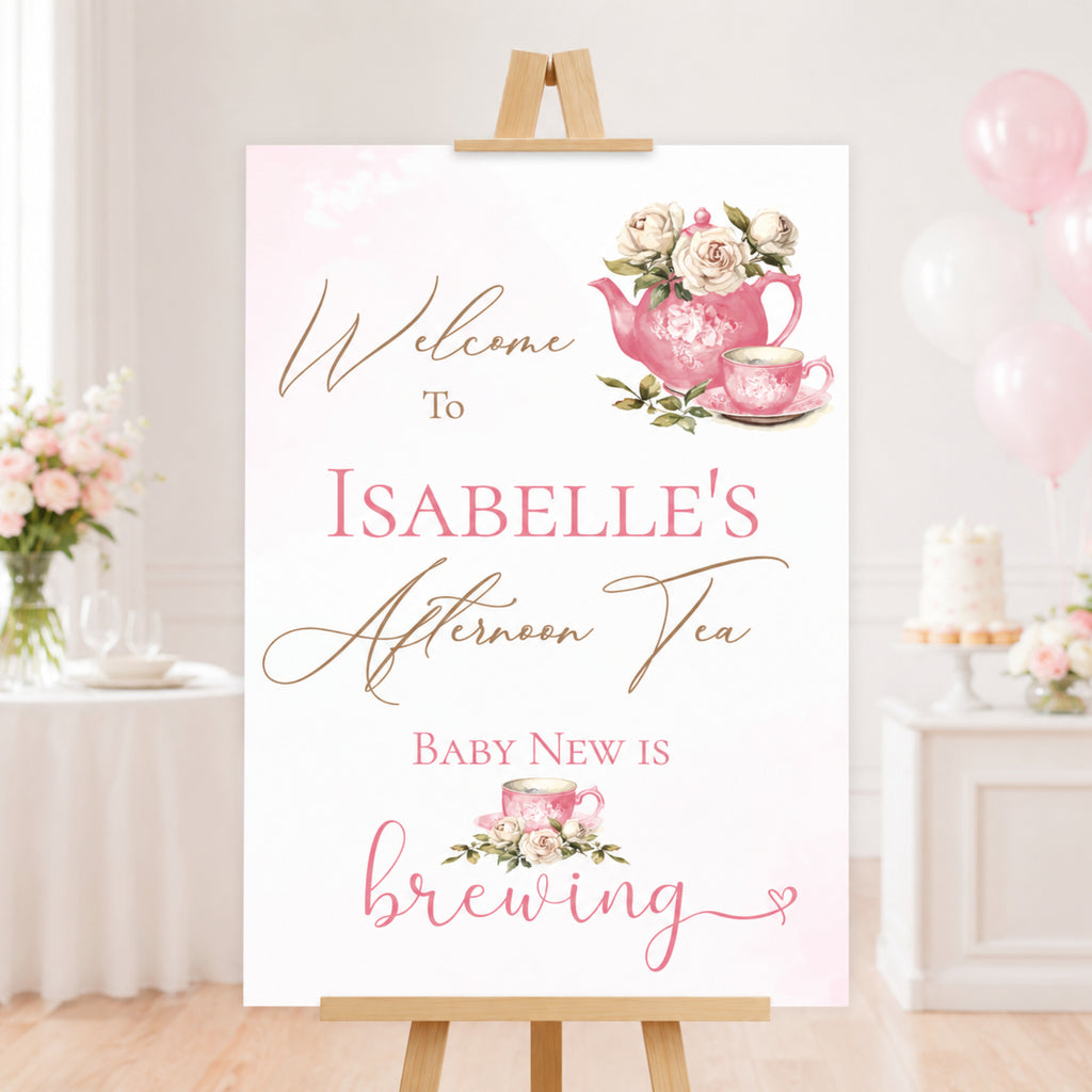 Personalised Baby Is Brewing Baby Shower Welcome Sign | Pink Tea Party