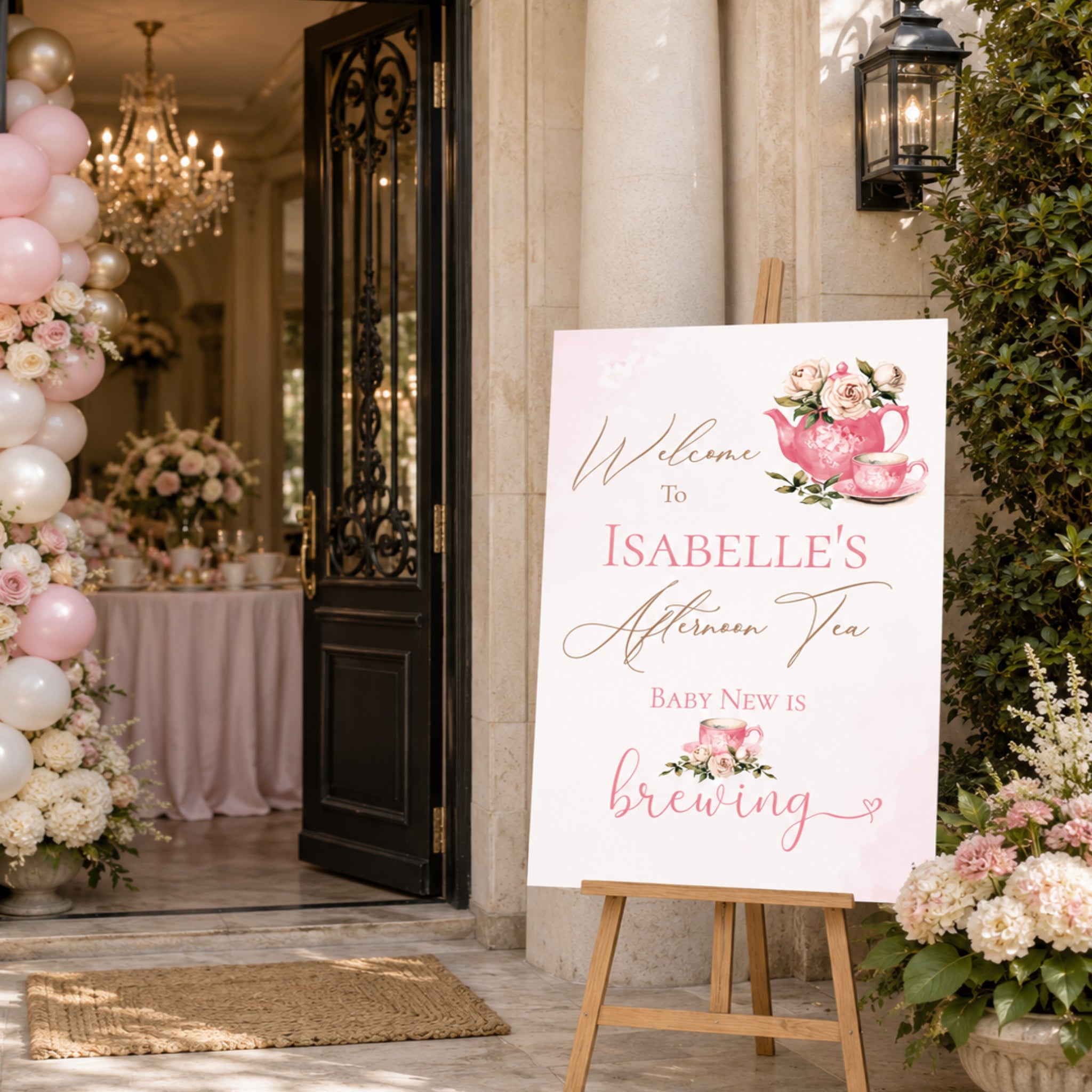 Personalised Baby Is Brewing Baby Shower Welcome Sign | Pink Tea Party