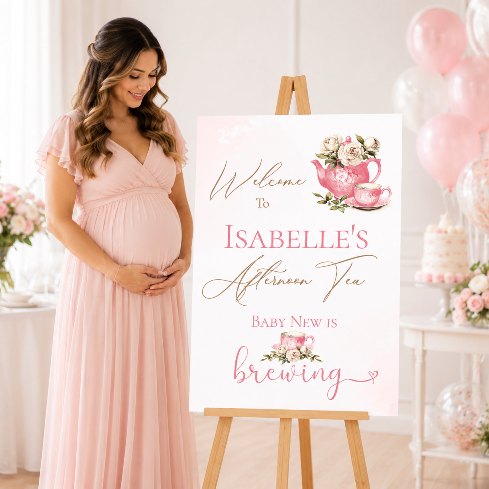 Personalised Baby Is Brewing Baby Shower Welcome Sign | Pink Tea Party
