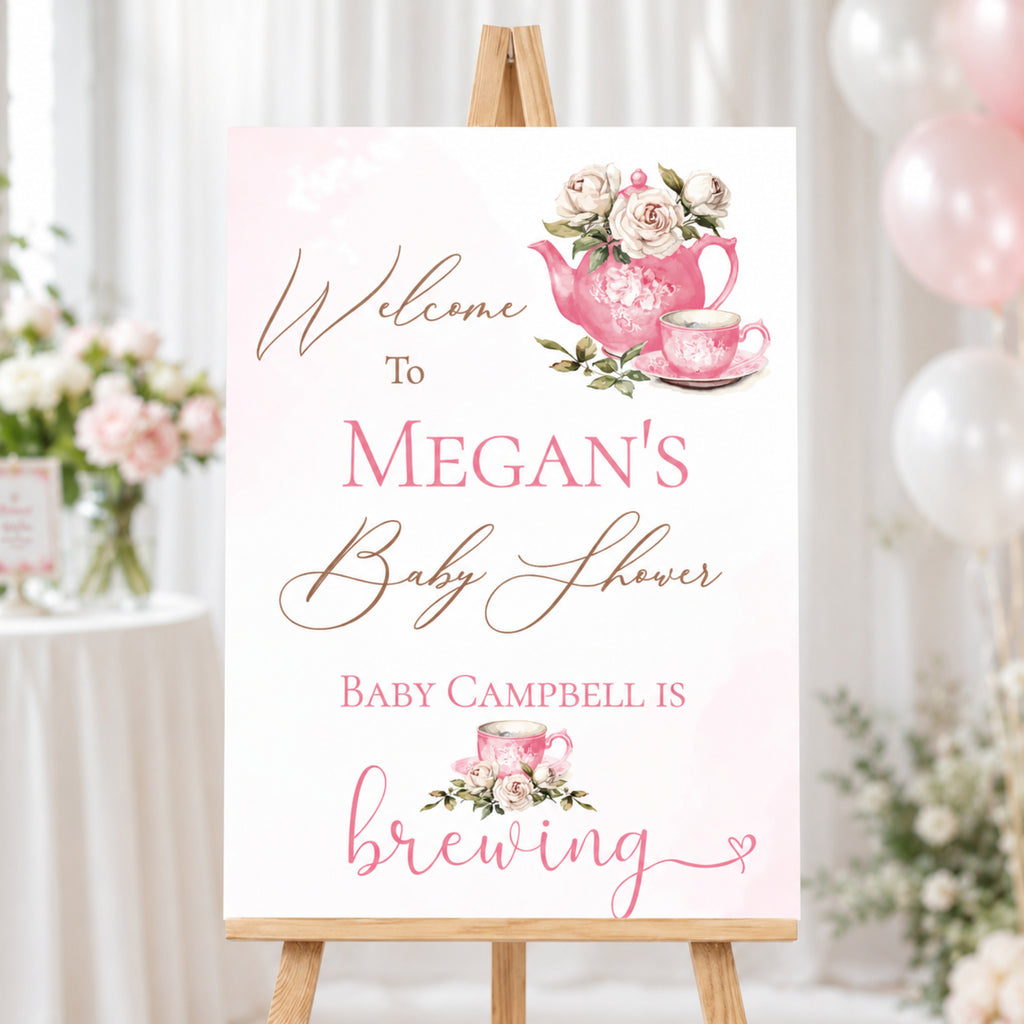 Personalised Baby Is Brewing Baby Shower Welcome Sign | Pink Tea Party