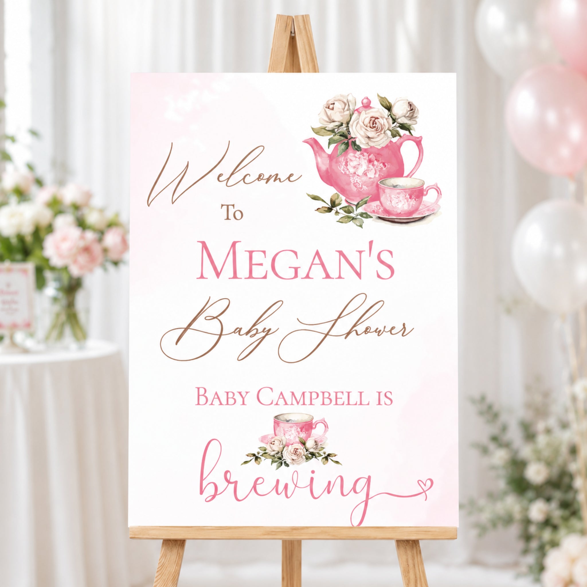 Personalised Baby Is Brewing Baby Shower Welcome Sign | Pink Tea Party