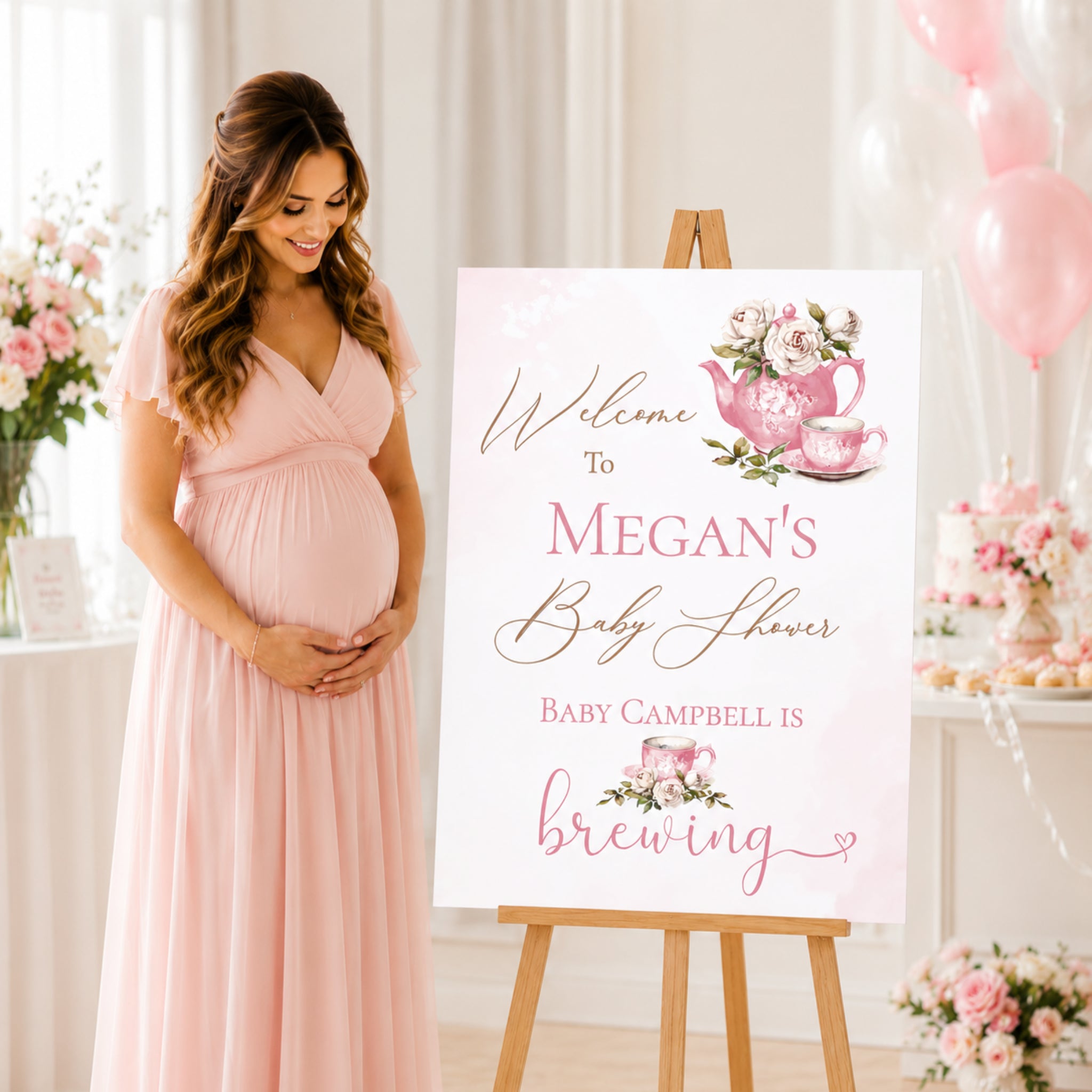 Personalised Baby Is Brewing Baby Shower Welcome Sign | Pink Tea Party