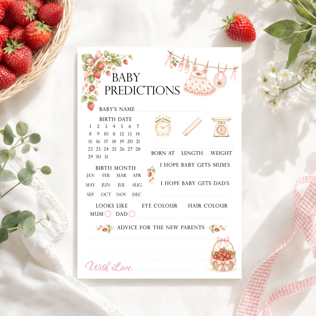 Berry Sweet Baby strawberry baby shower predictions card on cream linen with fresh strawberries, gingham ribbon and floral styling.