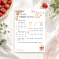 Berry Sweet Baby strawberry baby shower predictions card on cream linen with fresh strawberries, gingham ribbon and floral styling.