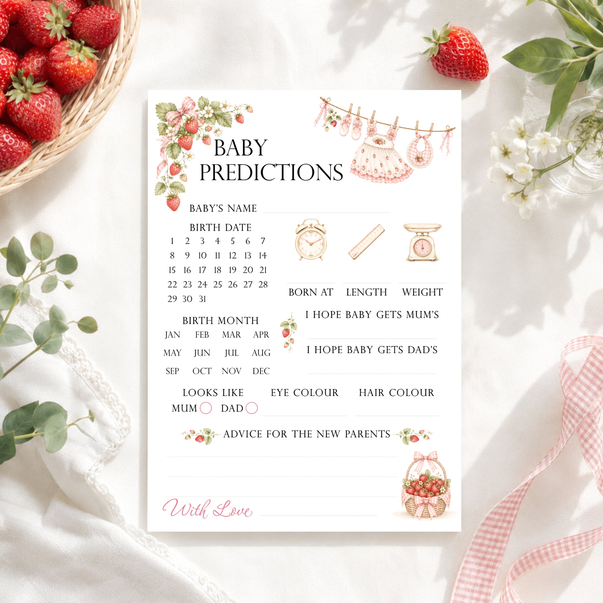 Berry Sweet Baby strawberry baby shower predictions card on cream linen with fresh strawberries, gingham ribbon and floral styling.