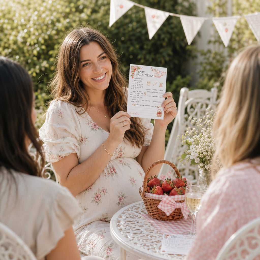 Pregnant mum holding Berry Sweet Baby strawberry prediction card during a baby girl garden baby shower with guests.