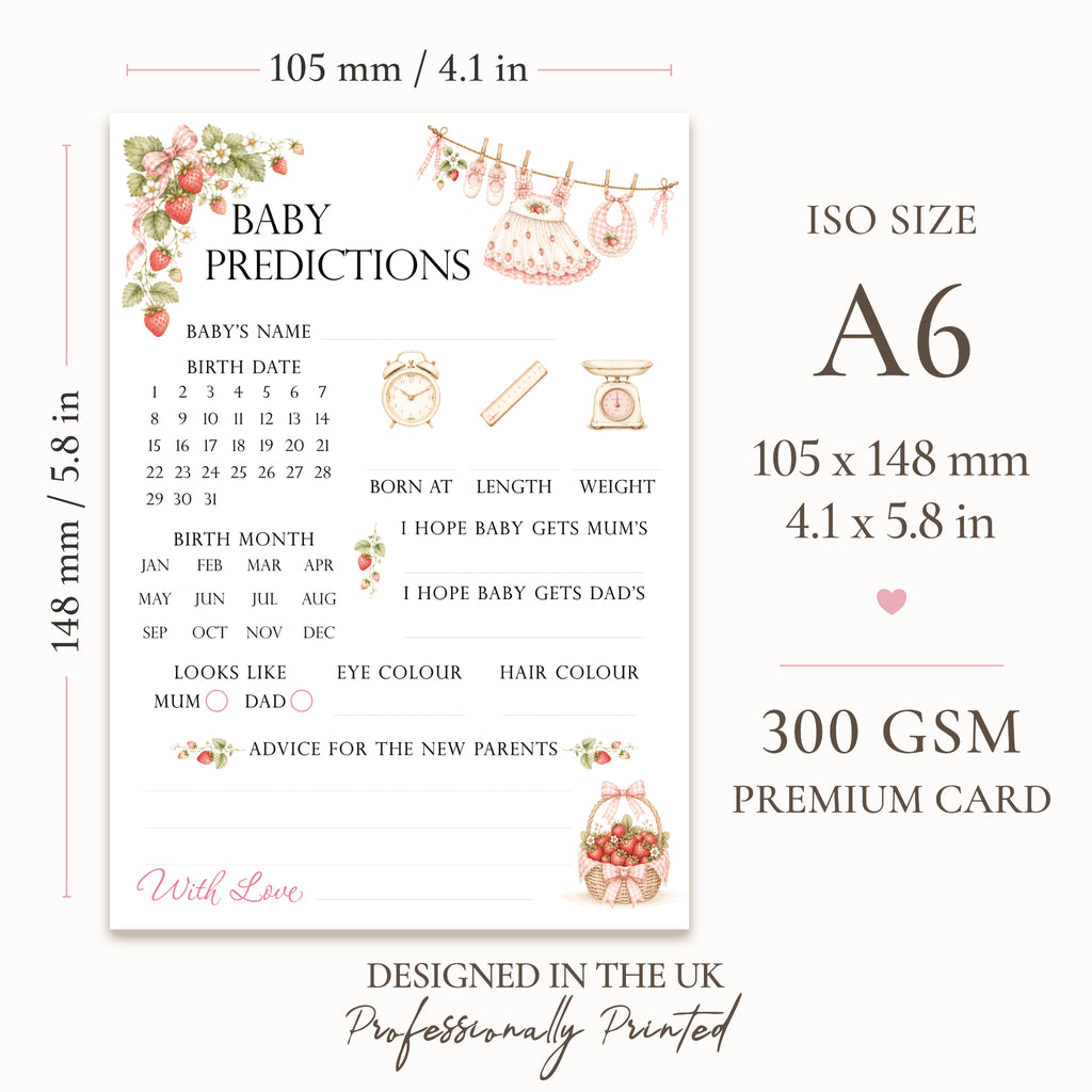Berry Sweet Baby prediction card size guide showing A6 dimensions 105 × 148 mm on premium writable cardstock.