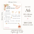 Berry Sweet Baby prediction card size guide showing A6 dimensions 105 × 148 mm on premium writable cardstock.