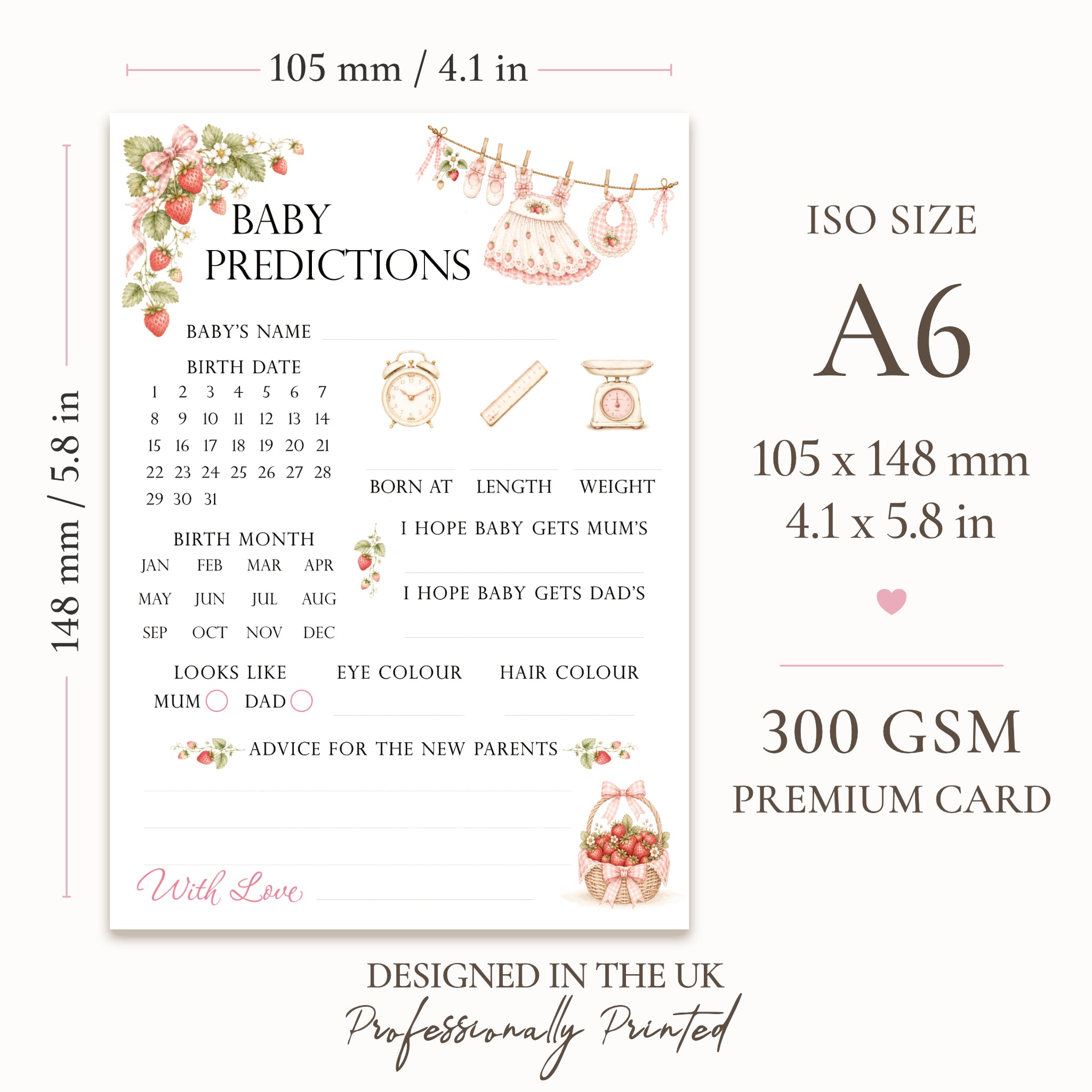 Berry Sweet Baby prediction card size guide showing A6 dimensions 105 × 148 mm on premium writable cardstock.