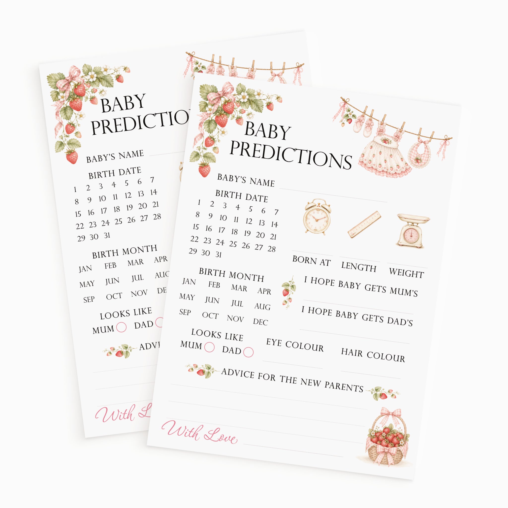 Two Berry Sweet Baby strawberry baby shower prediction cards showing premium professionally printed keepsake design.