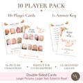 Berry Sweet Baby Bump or Beer baby shower game 10 player pack with double-sided A6 picture quiz cards and answer key in strawberry baby girl theme.