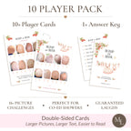 Berry Sweet Baby Bump or Beer baby shower game 10 player pack with double-sided A6 picture quiz cards and answer key in strawberry baby girl theme.