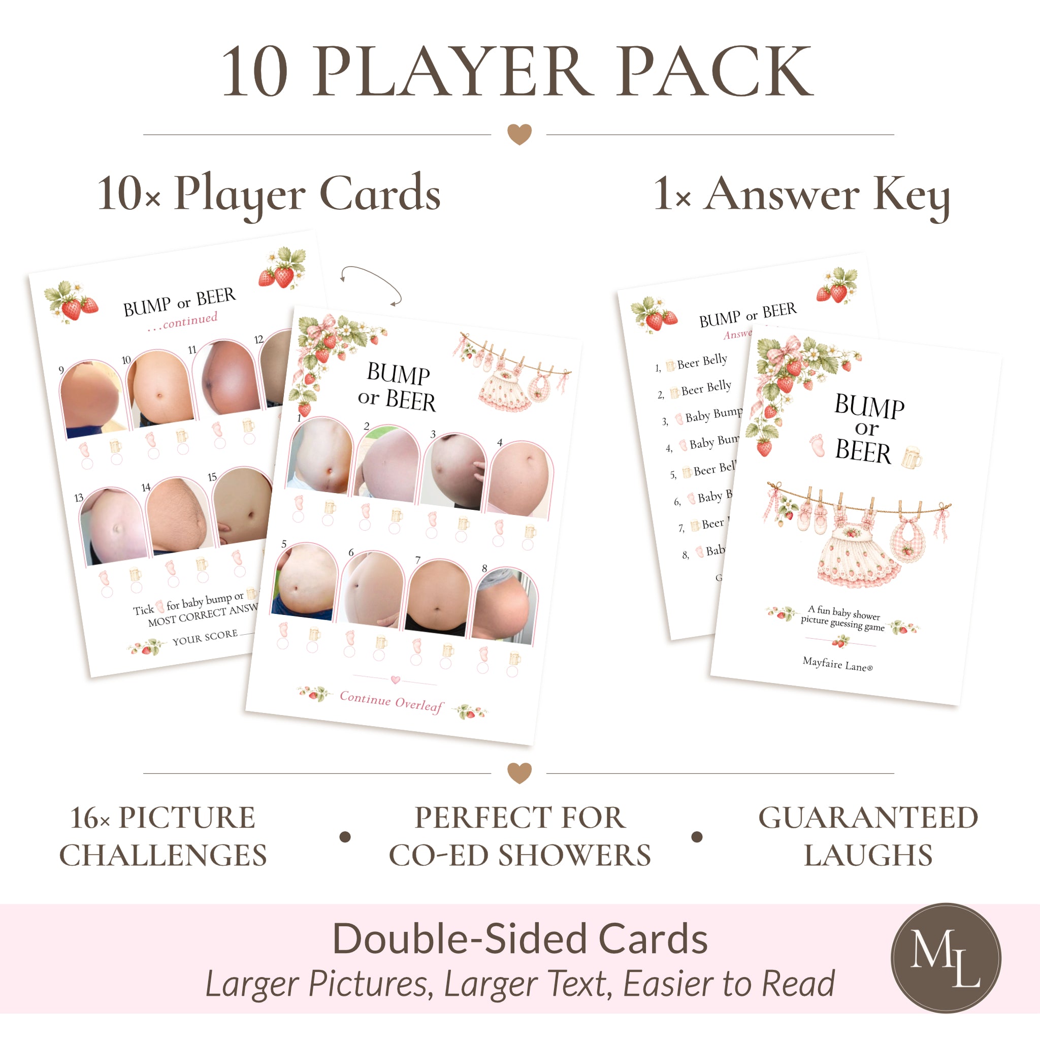 Berry Sweet Baby Bump or Beer baby shower game 10 player pack with double-sided A6 picture quiz cards and answer key in strawberry baby girl theme.
