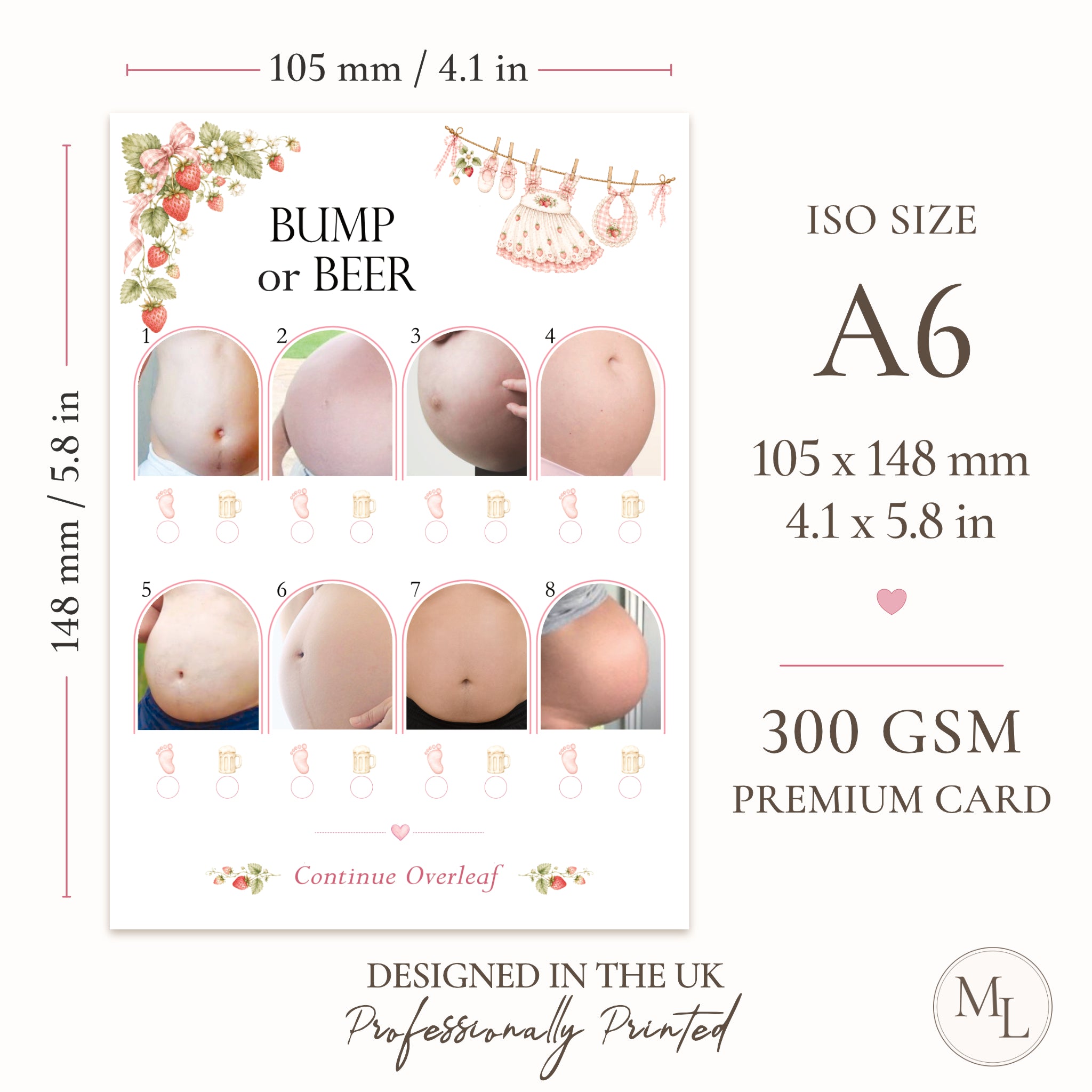 Berry Sweet Baby Bump or Beer A6 double-sided baby shower game card measuring 105 × 148 mm, professionally printed on premium 300 GSM cardstock in the UK.