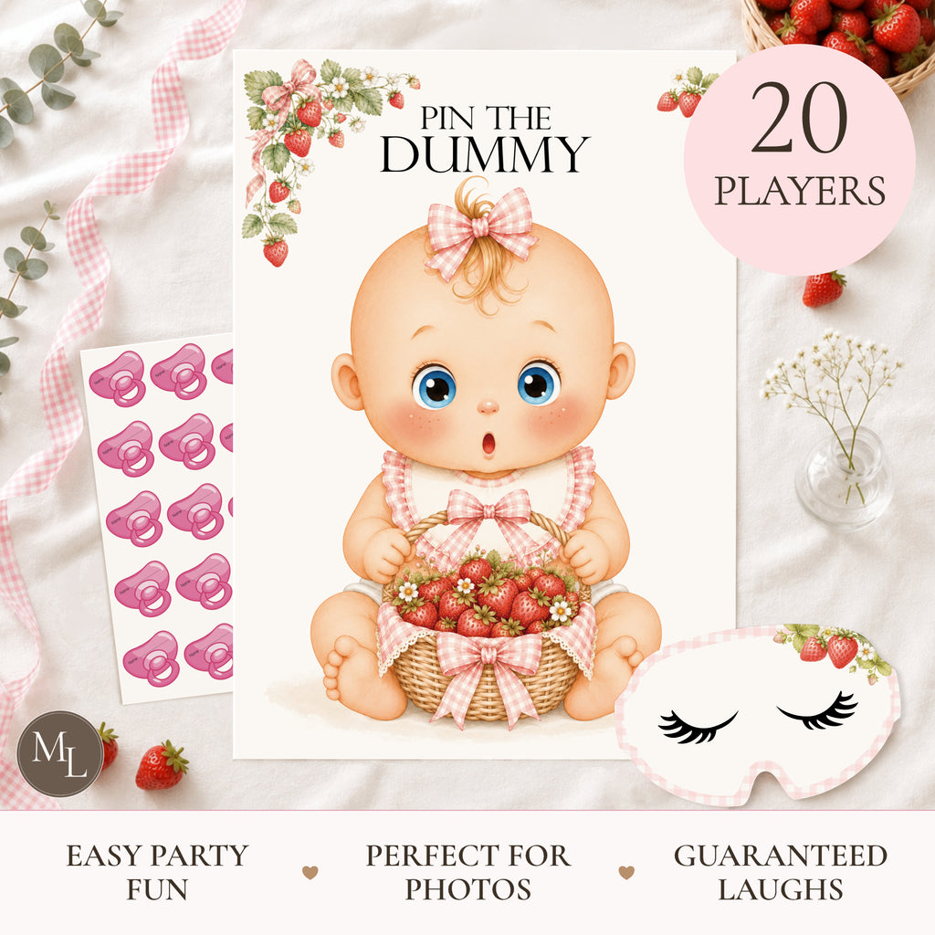 Berry Sweet Baby Pin the Dummy game with A2 strawberry poster, 20 pink dummy stickers and matching baby shower blindfold