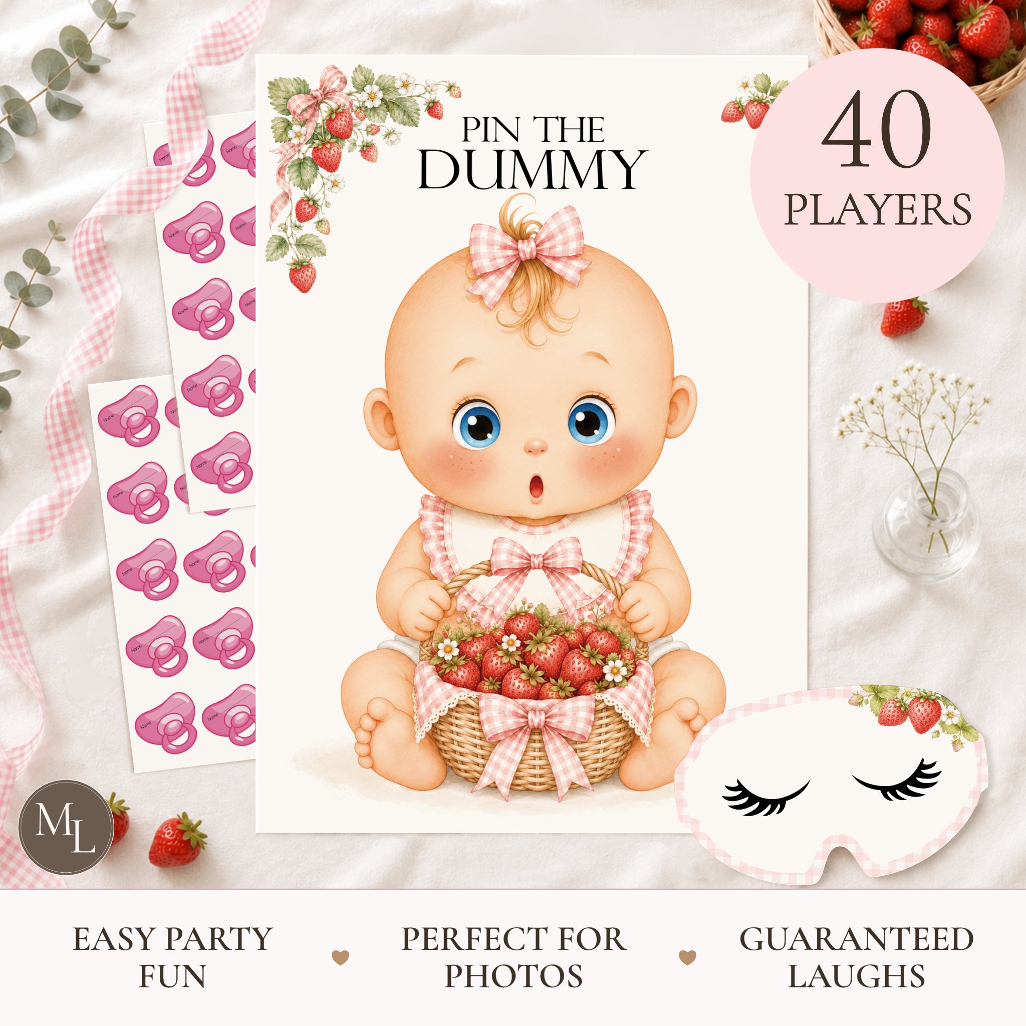 Berry Sweet Pin the Dummy baby shower game 40 player pack with A2 strawberry baby poster, pink dummy stickers and blindfold
