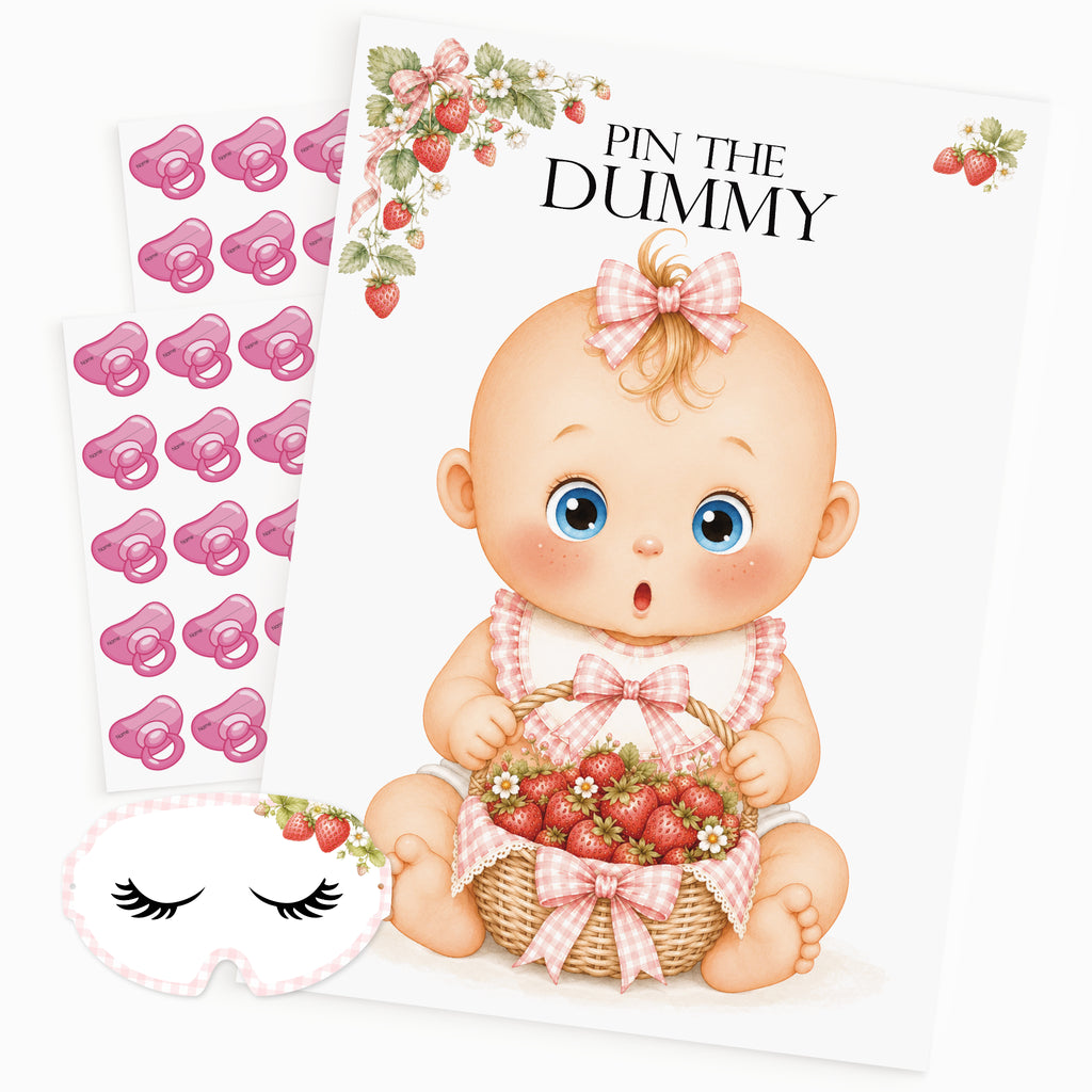 Berry Sweet Baby Pin the Dummy game with A2 strawberry poster, 40 pink dummy stickers and matching blindfold