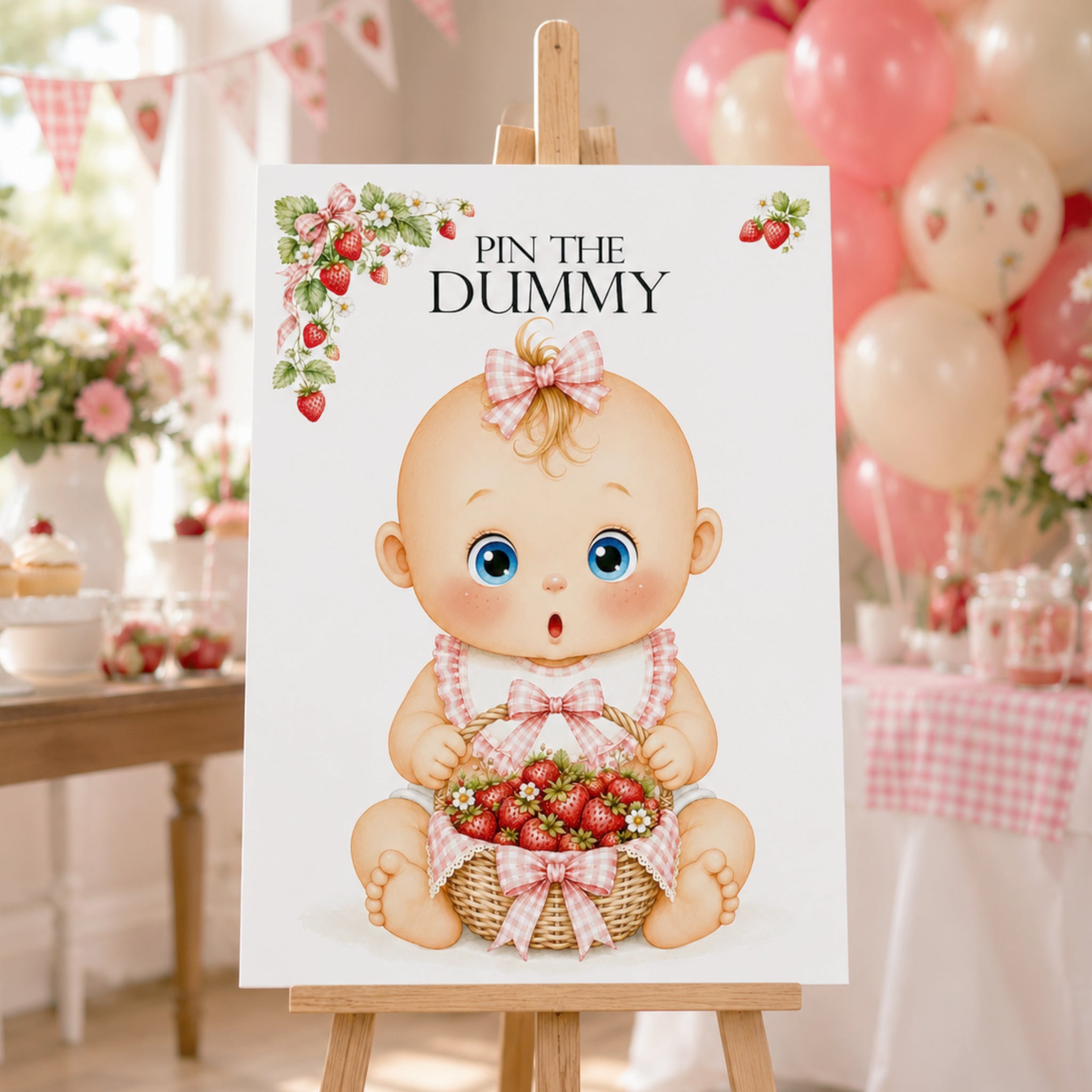 Berry Sweet Pin the Dummy baby shower game A2 strawberry poster displayed on wooden easel at pink baby girl shower