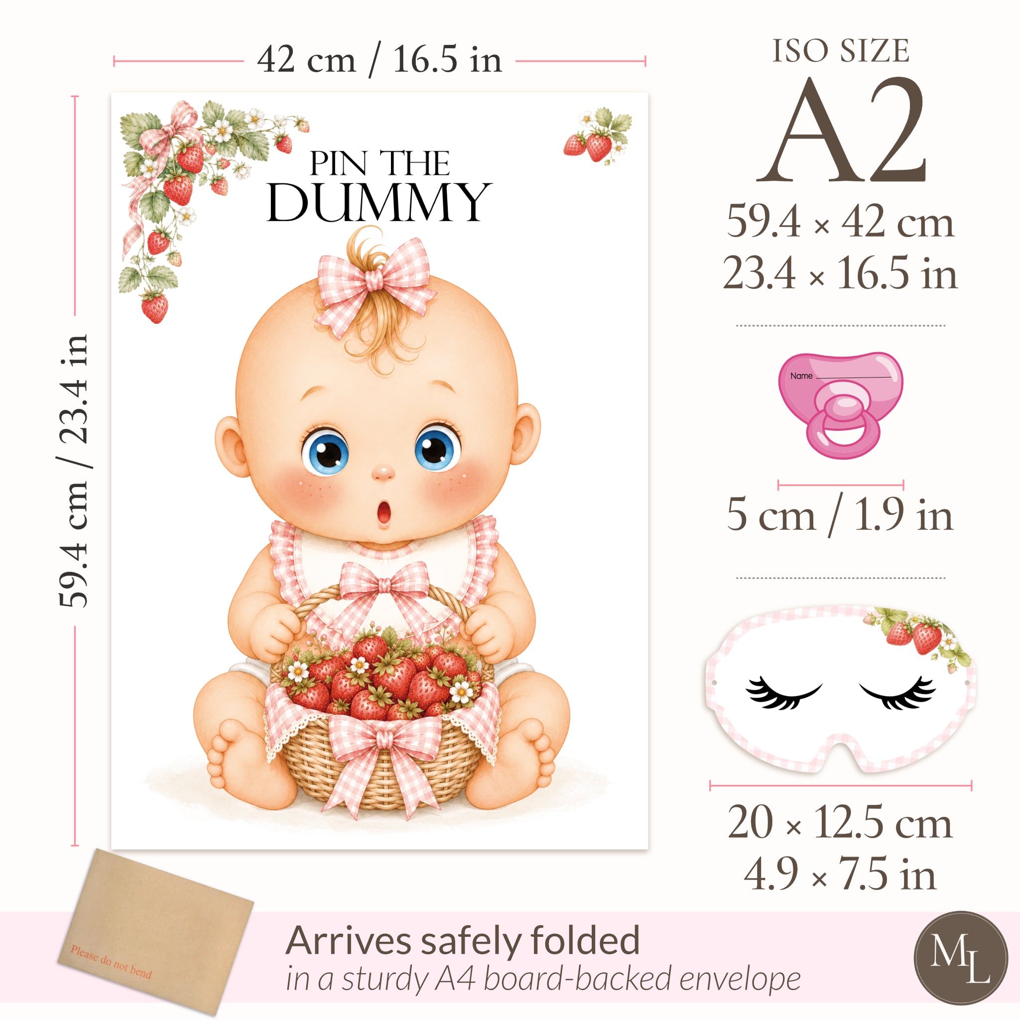 Berry Sweet Pin the Dummy size guide showing A2 59.4 × 42 cm poster, 5 cm dummy sticker and matching blindfold