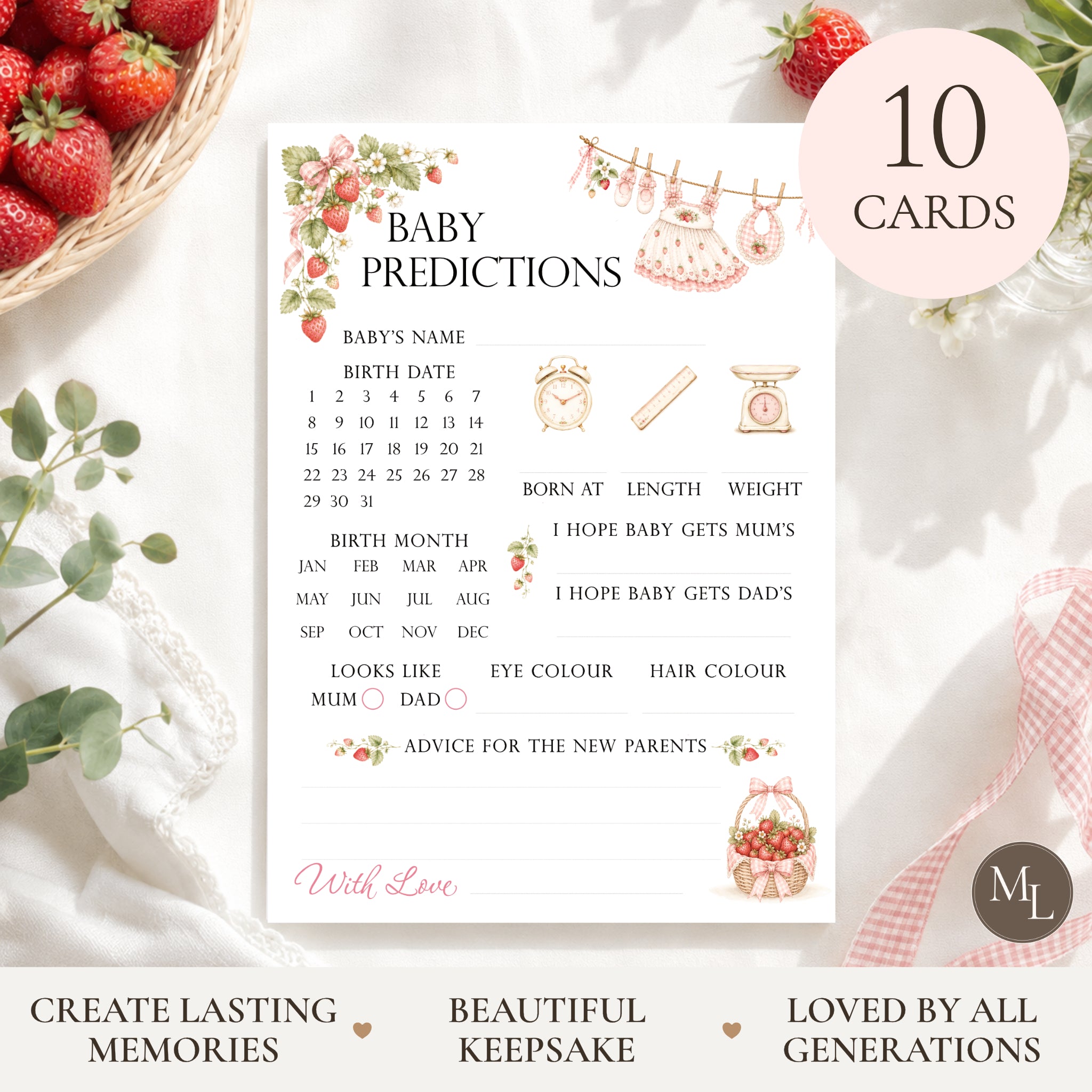 Berry Sweet Baby Shower Predictions Keepsake Cards | Strawberry Baby Theme