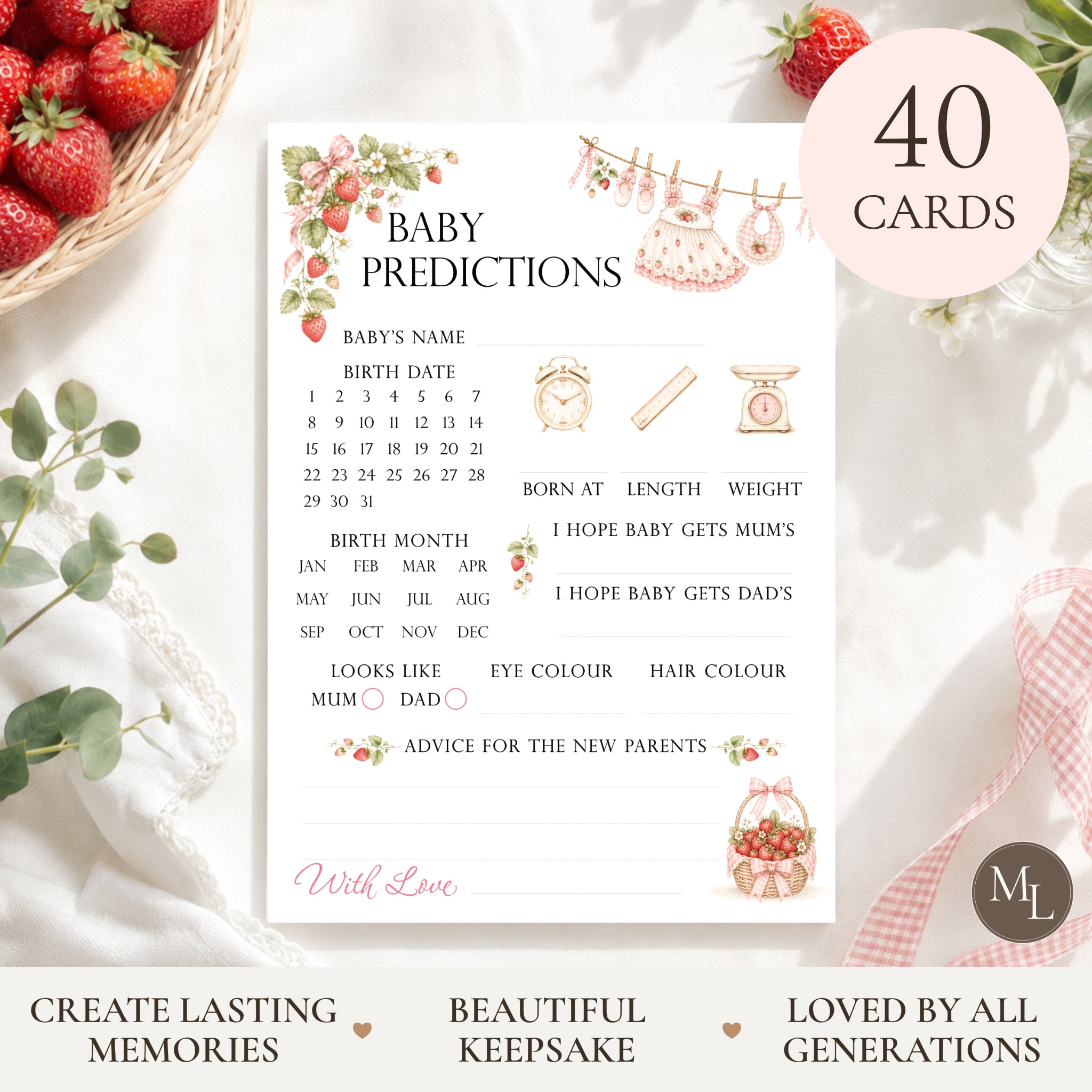 Berry Sweet Baby Shower Predictions Keepsake Cards | Strawberry Baby Theme