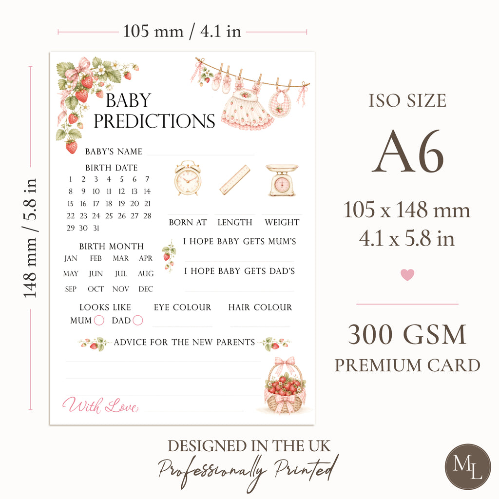 Berry Sweet Baby Shower Predictions Keepsake Cards | Strawberry Baby Theme