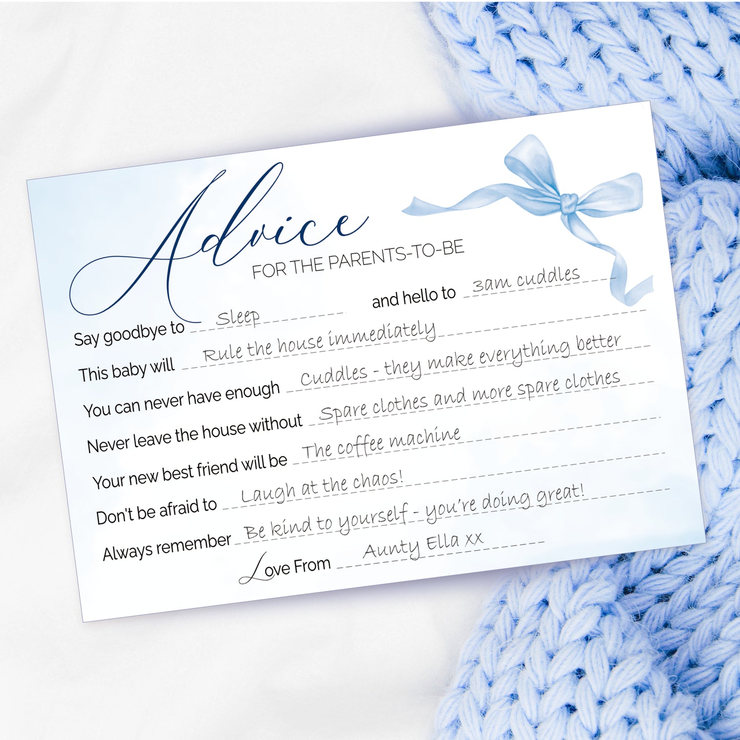Blue Bow Baby Shower Advice Cards – Keepsake Cards for Parents-to-Be