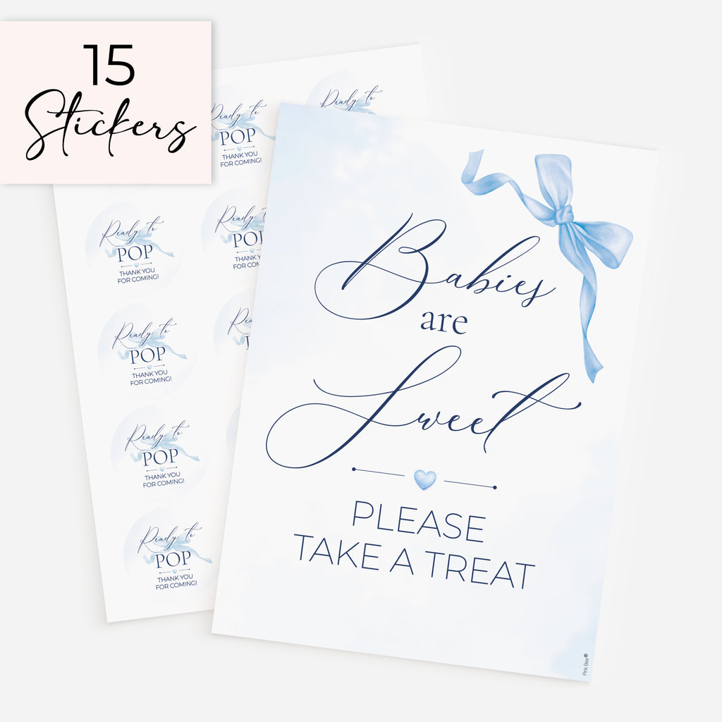 blue bow theme babies are sweet please take a treat baby shower favour sign with one sheet of 15 matching 51mm 'Ready to Pop' stickers on white background