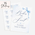 blue bow theme babies are sweet please take a treat baby shower favour sign with one sheet of 15 matching 51mm 'Ready to Pop' stickers on white background